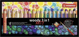 Stabilo Jumbo Children Pencils Woody 3 In 1 Pack Of 18 Arty Colours + Sharpener - Picture 1 of 7