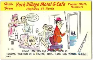 Tarjeta postal cómic de viaje de pesca York Village Motel & Café, Poplar Bluff, MO años 60 - Imagen 1 de 2