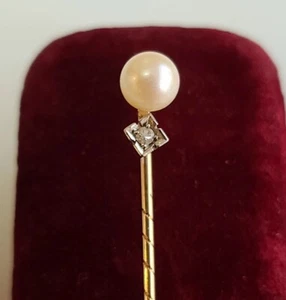 ANTIQUE 14K GOLD, PEARL & DIAMOND STICK PIN VERY NICE! EDWARDIAN - Picture 1 of 8