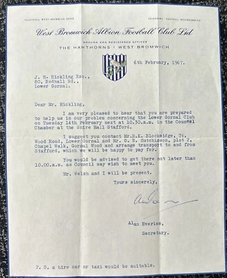 Signed Alan Everiss West Bromwich Albion Official Letter Head Football Secretary - Image 1 of 4