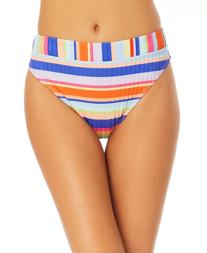 CALIFORNIA WAVES Stripe Print Ribbed High-Waist Bikini Bottoms Medium Swimwear - Image 1 of 1