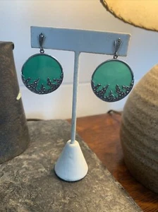 Vtg Signed Bellarri Sterling Marcasite & Green Onyx Pierced Drop Earrings - Picture 1 of 7
