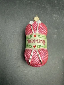 Old World Christmas Ornament Knitting Pink Glitter Yarn with needles! - Picture 1 of 4