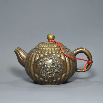 5.9" China Old Antique Marked Bronze Melon-shaped Dragon Phoenix Teapot - Image 1 of 4