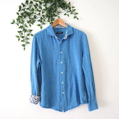 Bugatchi 男式蓝色长袖纽扣前针织领衬衫,尺寸 L — 第 1/4 张图片