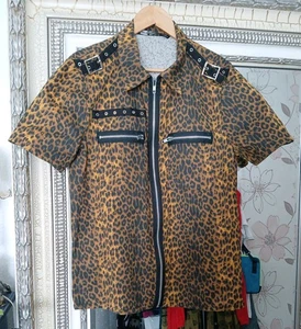 Vtg LIP SERVICE Men's Leopard Print Zipped Y2K Buckle Detail Collared Shirt UK L - Picture 1 of 19