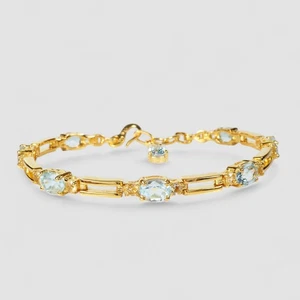 Brilliant Blue Aquamarine Bracelet 925 Sterling Silver 24K Gold Plated 8.2inches - Picture 1 of 11