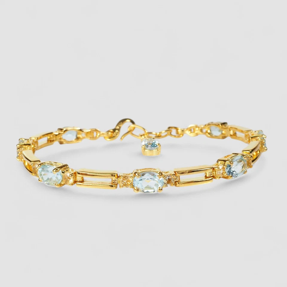 Opulent Blue Aquamarine Bracelet 925 Sterling Silver 24K Gold Plated 8.2inches - Image 1 of 4
