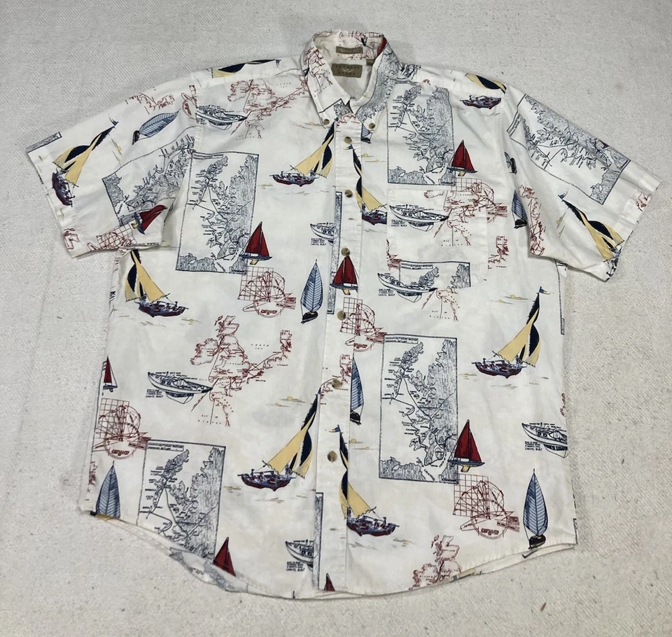 Vintage Natural Issue Shirt Mens Medium Nautical Print Sailboats S/S Button Up - Image 1 of 4
