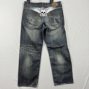 Ecko Unltd Jeans Herren 38x32 blau gerades Bein bestickt Totenkopf Flügel Denim - Bild 1 von 11