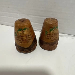 Salt & Pepper Set Wood with Bible Verses & Tree Bark Trim 2.5" Tall. - Picture 1 of 7
