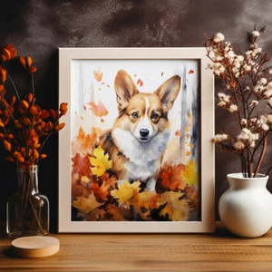 Walisischer Corgi im Herbstdruck, modernes Aquarell Hundegemälde, Haustierporträt - Bild 1 von 9