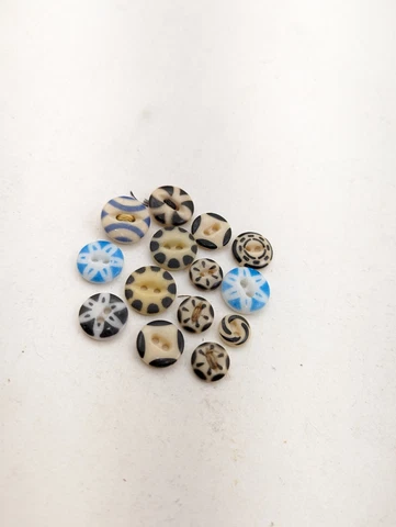 Antique Vintage 14pc China Black Off White Blue Various Patterns 1/2" Buttons Cover