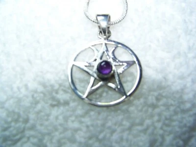 Pentagrama de ley con amatista en collar de ley de 2 mm 16-30 pulgadas. Foto 1 de 3