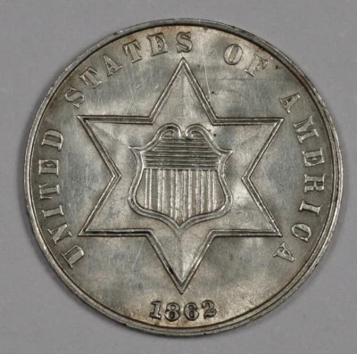 Prata de três centavos 1862.  Natural não limpo.  Escolha BU.  189220 - Imagem 1 de 2