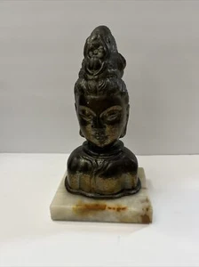 Buste en bronze et laiton avec socle marbre Bouddhisme Chine chinois Kwan-yin Guan Yin - Photo 1/12