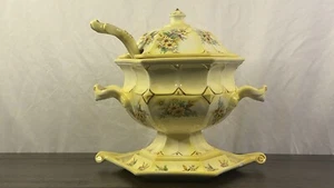 Blumen Suppenterrine Gelbgoldrand signiert E.M. Vogt groß - Bild 1 von 17