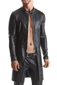 Mens Black Wetlook Midi Coat with Zipper - Picture 1 of 9