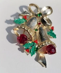 Vintage 1970s Bell Christmas Brooch Pin Satin Gold Color Red Moving Clappers - Picture 1 of 5