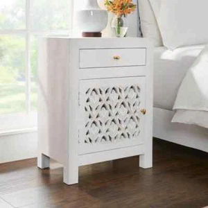 Hallie Carved Single Door 1-Drawer Whitewash Nightstand, 30"H x 22"W x 15"D - Picture 1 of 6