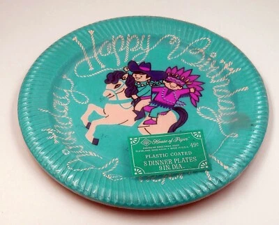 NUEVO 8 Platos Vintage Cumpleaños Papel Recubierto de Plástico 9" ~ Caballo, Vaquero e Indio  Foto 1 de 2