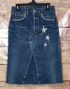 Levi Strauss 511 Women 32 Blue Denim Midi Skirt Distressed Button Fly Raw Hem - Picture 1 of 13