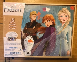 Disney Frozen 2 (5) Wood Puzzles w/Tray & Storage Box Ages 3 + Educational NEW - Picture 1 of 2