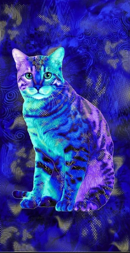 Bijoux by Chong A Hwang Blue and Purple Cat Cotton Fabric Panel 24" x 43" - Image 1 of 1