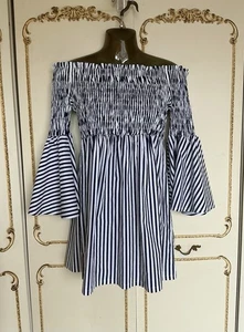 FOREVER UNIQUE SIZE 2 ( 10 - 12 ) Blue / White Striped Off Shoulder Top / Dress - Picture 1 of 8