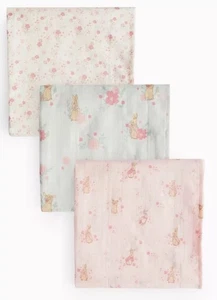 3er Pack Peter Rabbit & Flopsy Bunny Creme, Aqua & Rosa Baumwolle Musselin - Bild 1 von 4