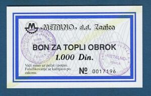 1000 Dinara 1990s, BON For Warm Meal - METALNO ZENICA STAMP Bosnia local note !