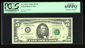 DBR 1988-A $5 FRN San Francisco Gem Fr. 1981-L PCGS 65 PPQ Serial L25784097D - Picture 1 of 2