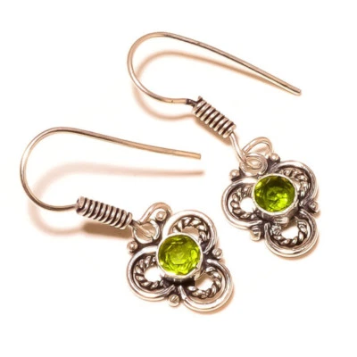 Peridot Round Cut Gemstone Silver Overlay Handmade Artisan Dangle Earrings A1377 - Image 1 of 3