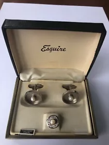 VINTAGE ESQUIRE ZUCHTPERLEN MANSCHETTENKNÖPFE & KRAWATTENNADEL SET SILBER NEU - Bild 1 von 3