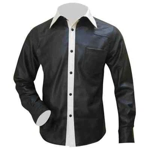Men's Black & White Leather Shirt Soft Lambskin Leather Biker Leather Shirt-541 - Picture 1 of 14