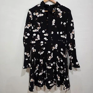 Cue Dress AUS 14 US10 Midi Black Floral Cherry Blossom V-Neck Peephole Neck - Picture 1 of 7