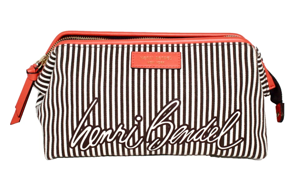 HENRI BENDEL большой в полоску холст допп набор косметический белый коричневый оранжевый кожаный - Изображение 1 из 4