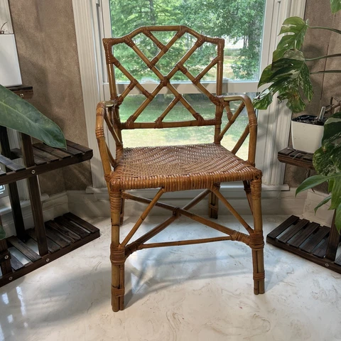 Vintage 1970s Boho Chic Chippendale Style Bamboo Wicker Rattan Chairs Single Cover