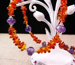 Gorgeous 18" Sterling Silver 80cttw Amber & Amethyst Necklace F101 MSRP $95 - Picture 1 of 5