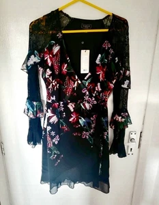New Lipsy black wrap dress 10 RRP £65 floral sheer lace long sleeve whimsigoth - Picture 1 of 19