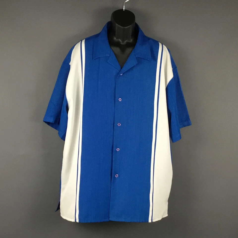 Camisa Montique Para Hombres 2XL Azul Blanco Bowling Camp Botón Frontal Raya Vertical Foto 1 de 4