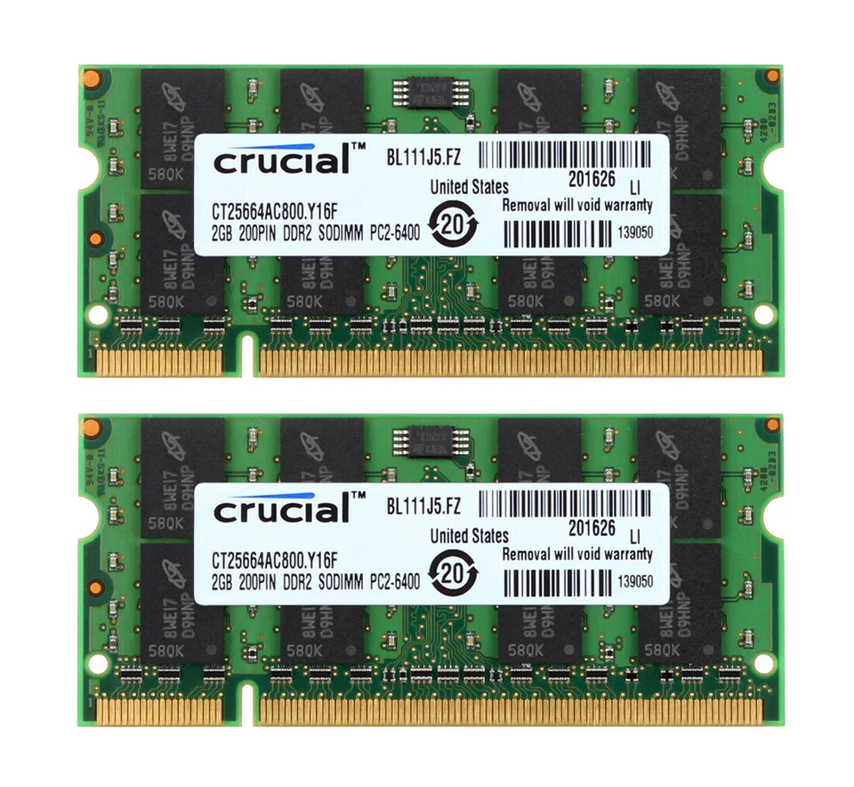Crucial 4 G 4GB 2X 2GB 2 G DDR2-800MHz PC2-6400S SODIMM Laptop Memory RAM PC6400