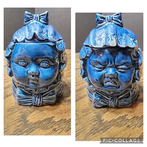 2 Faced Humidor blue ceramic antique collect Child Balling Tobacco Cigarette  - Afbeelding 1 van 13