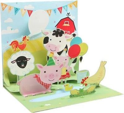 Farm Birthday 3D Pop Up Greeting Card Cow Rooster Pig Sheep Up With Paper - Image 1 of 4