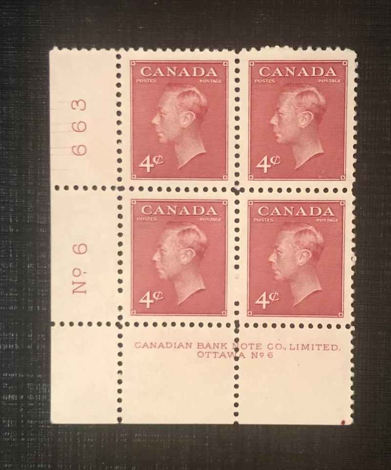 Stamps Canada Sc287 4c dk car KGVI Plate 6 LL Cracked Plate MNH see detail*. - Image 1 of 3
