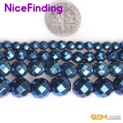 Cuentas sueltas redondas de hematita facetada recubiertas metálicas azules para hacer joyas de 15" Foto 1 de 4
