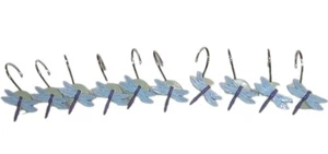 Set Of 10 Shower Curtain Hooks Dragonfly Wood Crafts Art Purple Green And Blue - Picture 1 of 4