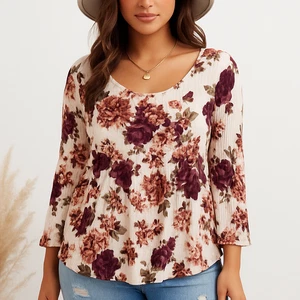 Torrid Damen 2 Elfenbein Burgunderrot Blumen Langarm Schößchen Babydoll Top Boho - Bild 1 von 13