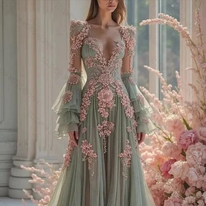 V-Ausschnitt Abendkleid schick Blumen Braut Cocktail Promi atemberaubend Ballkleid - Bild 1 von 10