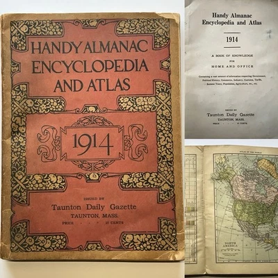Handy Almanac Encyclopedia & Atlas 1914 Book Issued Taunton MA Daily Gazette 526 - Image 1 of 4